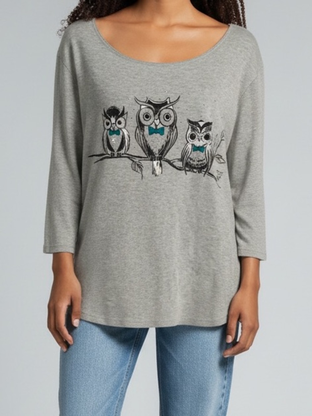 Karen Scott Gray Owl silver studded Graphic Top. PTP 22-23”, L 25”